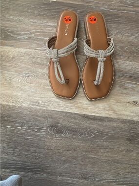 Madden Girl Tan Knotted Toe-Loop Sandals with Beaded Strap
